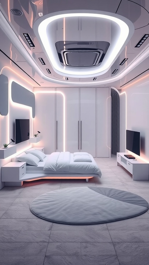 A modern tech-infused smart bedroom featuring minimalist design and sleek furniture