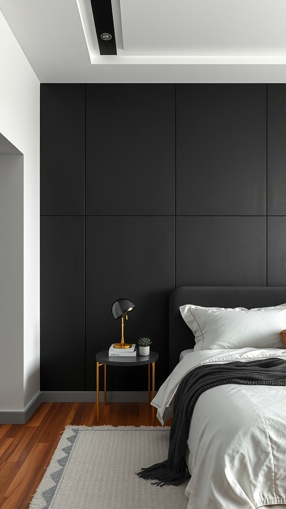 A modern bedroom featuring textured black wall panels, light bedding, and stylish decor.