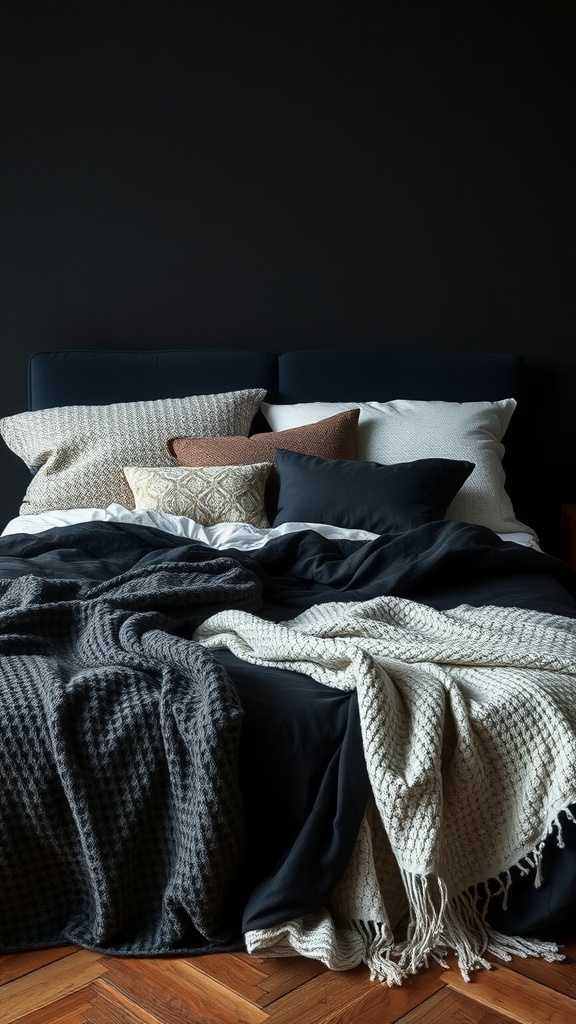 A black bed with layered textured blankets and pillows in a cozy bedroom setting.