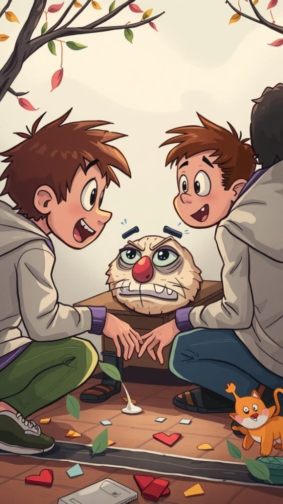 Two boys playfully interacting with an ugly cartoon character, showing excitement and joy.