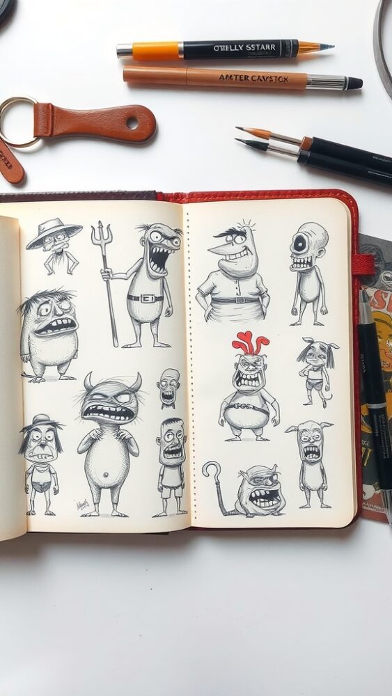 A sketchbook open to pages filled with various unattractive cartoon character designs, surrounded by pens and a keychain.