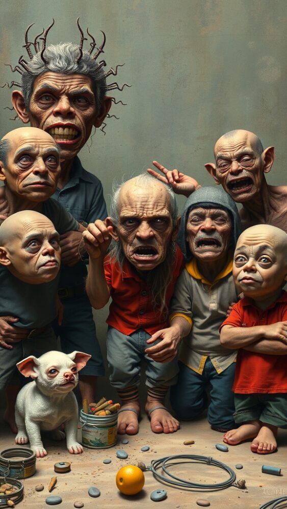 A group of quirky, exaggerated cartoon characters with unique features, showcasing the charm of imperfection.