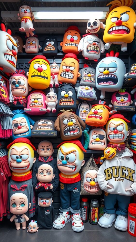 A display of various ugly cartoon character merchandise including plush toys and clothing.