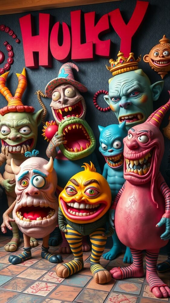 A colorful display of outrageous cartoon characters with exaggerated features and silly expressions.