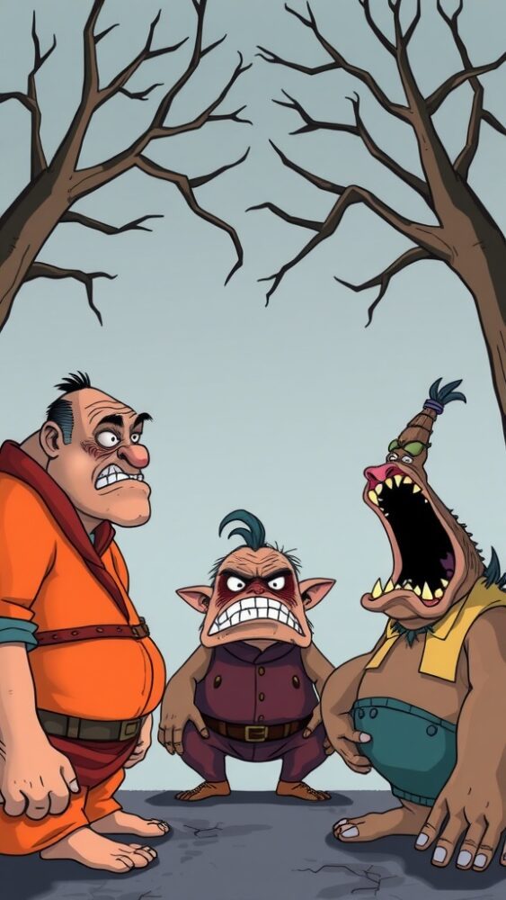 Three cartoon characters with exaggerated ugly features standing in a forest.