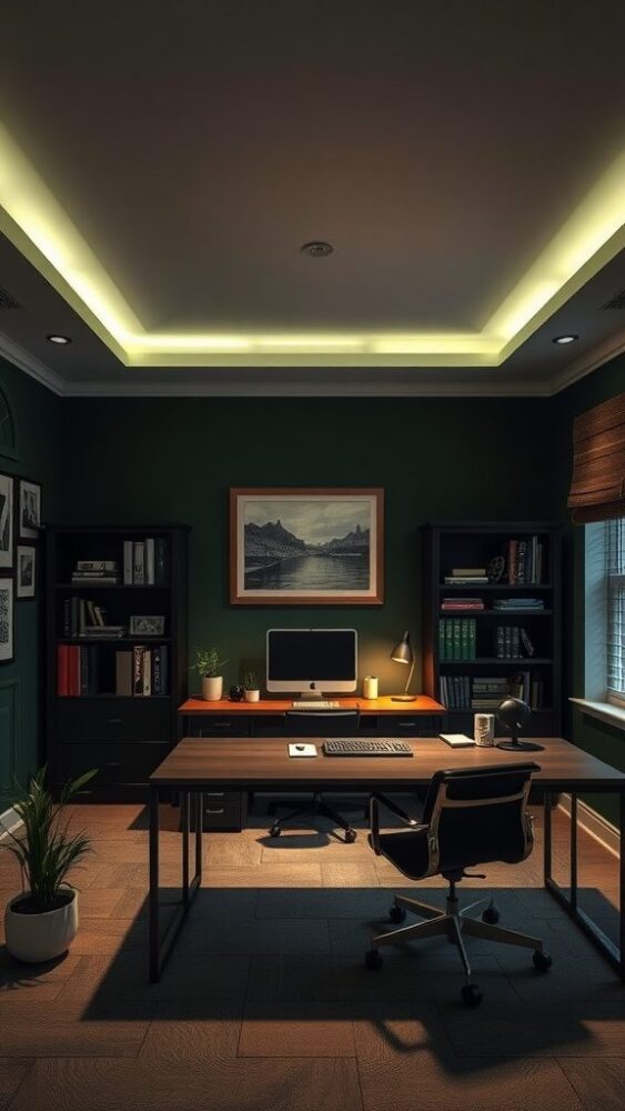 A dark green home office with accent lighting and modern furniture.