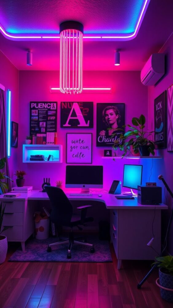 A vibrant home office with neon lighting fixtures creating an energetic atmosphere.