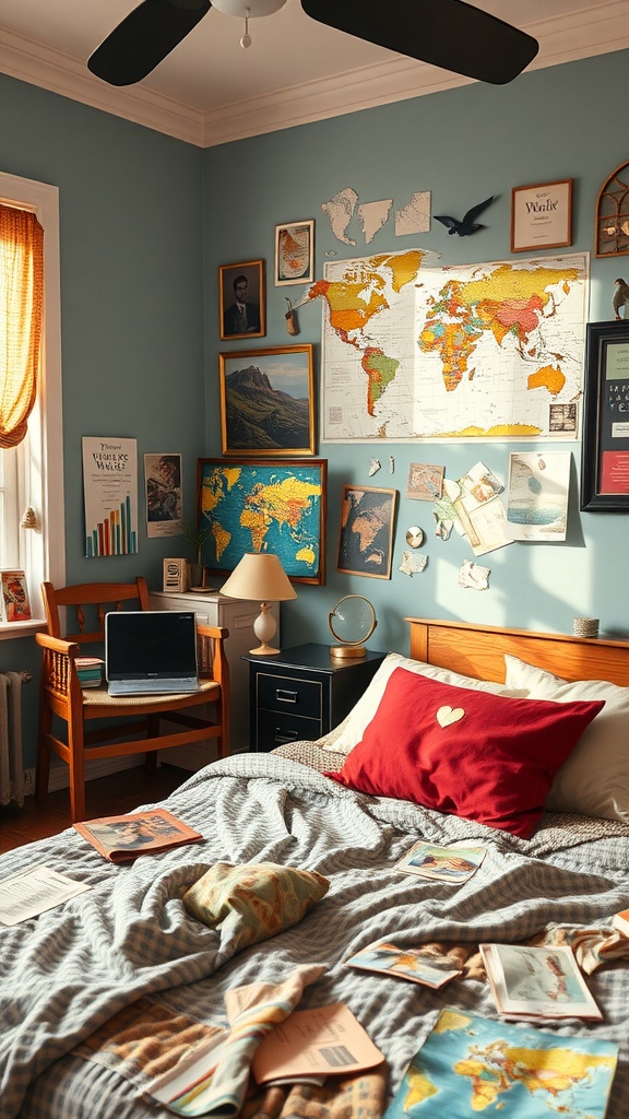 A cozy bedroom decorated with maps and travel-themed items, showcasing a travel-inspired decor.