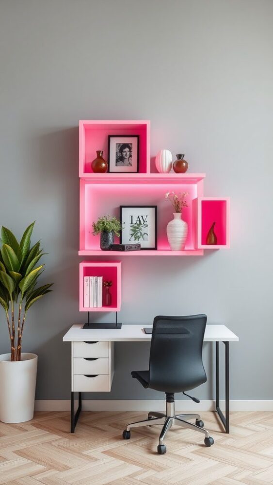 Vibrant pink wall shelves styled with decorative items in a modern office setup