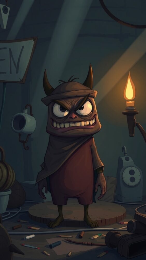 An ugly cartoon character with a mischievous grin, standing in a dimly lit room filled with clutter.