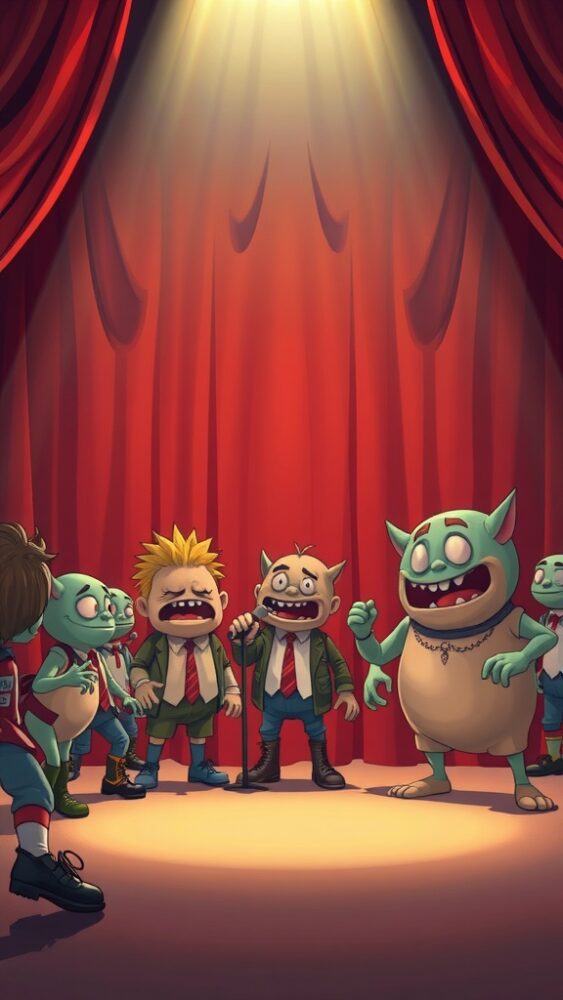 A group of ugly cartoon characters on stage, ready to perform.