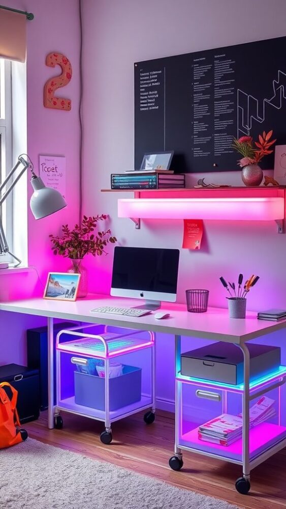 A modern home office featuring neon lighting and creative storage solutions.