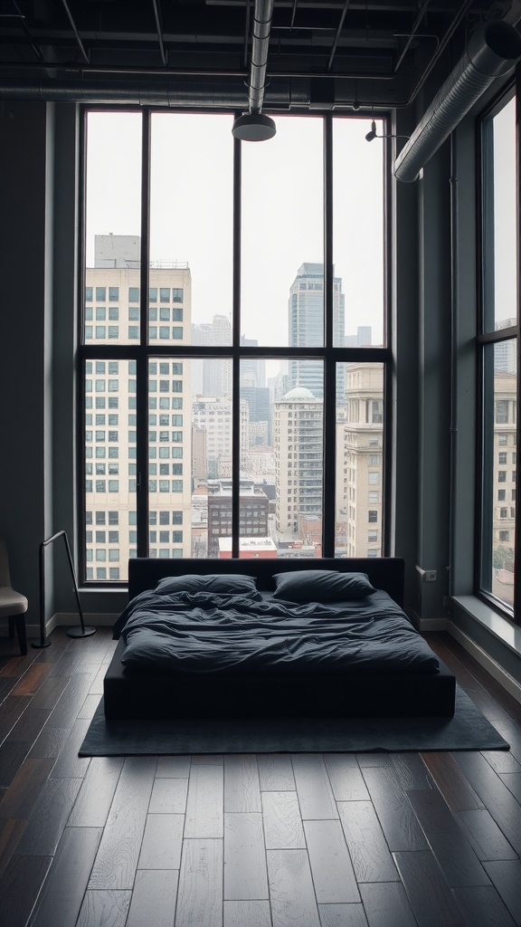 A stylish black bed in an urban loft with large windows overlooking the city skyline.