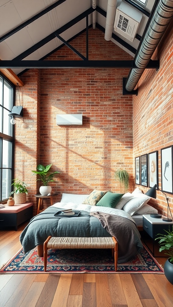 A stylish Urban Loft bedroom featuring exposed brick walls, large windows, and a cozy bed with plants.