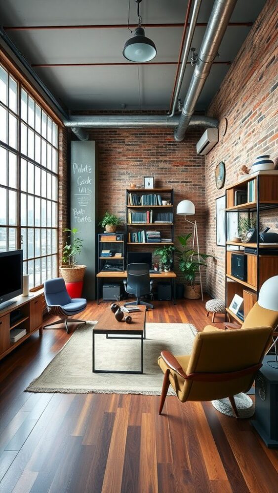 A stylish urban loft workspace featuring exposed brick walls, large windows, and modern furniture.