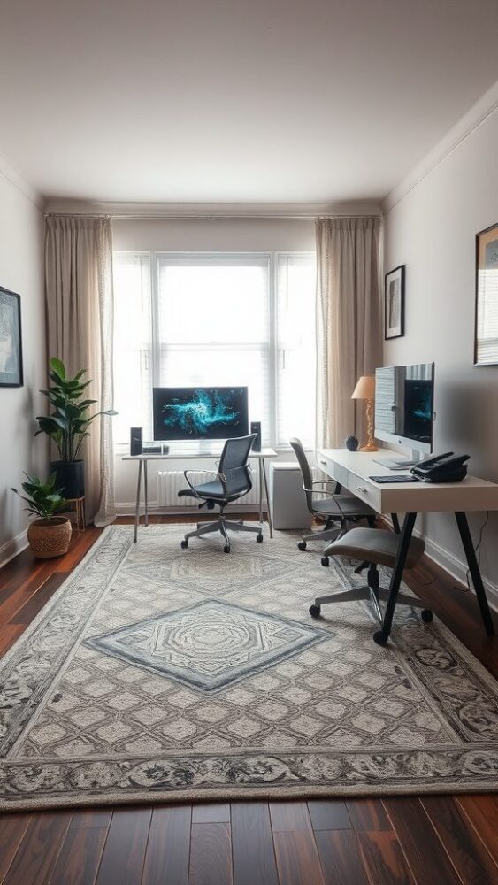 A home office area featuring a stylish area rug, a desk with a monitor, and a cozy atmosphere.