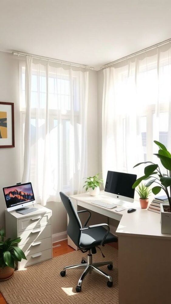 Bright small home office with natural light and plants