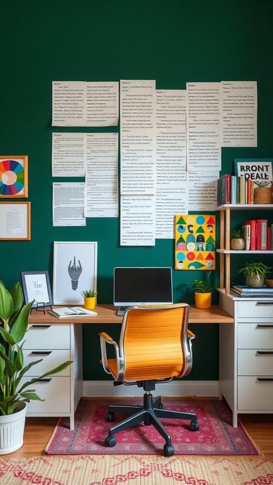 A stylish home office with dark green walls, featuring a desk, computer, and colorful art.