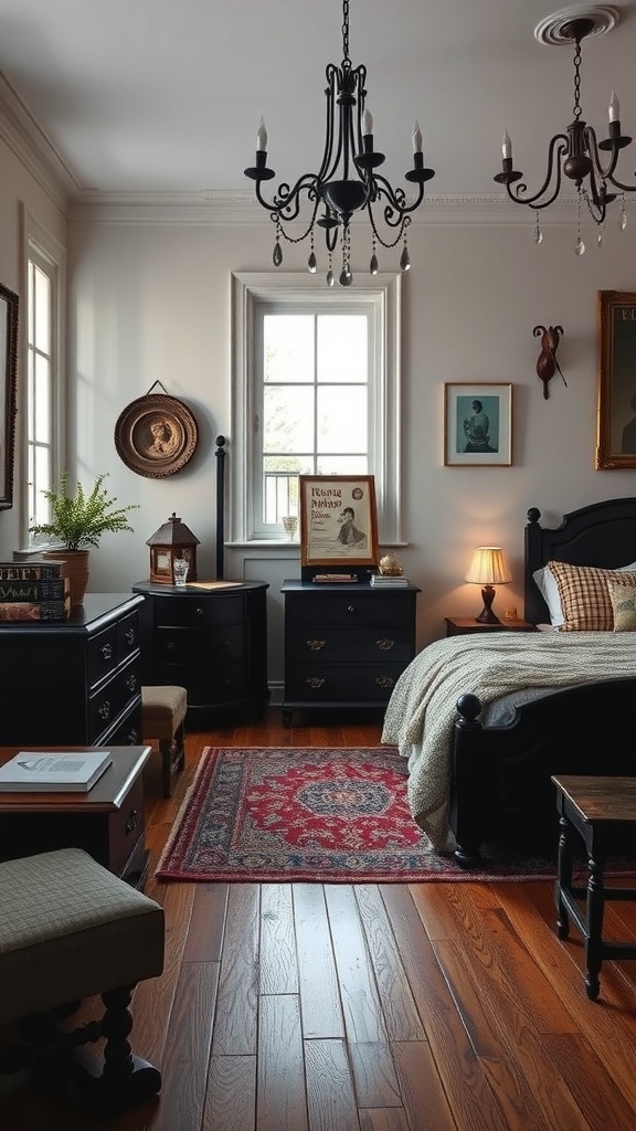 A cozy bedroom featuring vintage black furniture, warm wooden floors, and decorative accents.