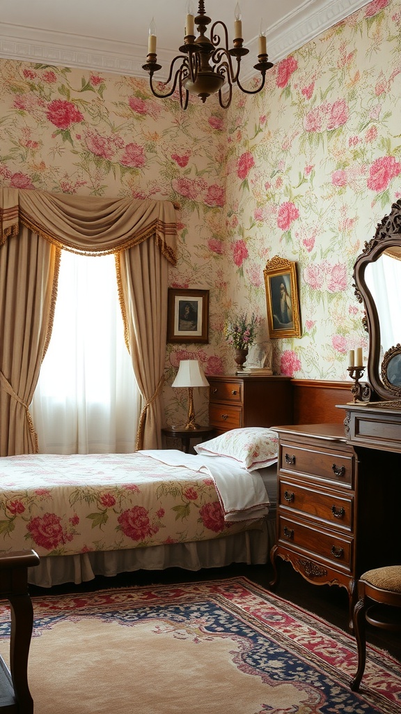 A vintage bedroom with floral wallpaper, wooden furniture, and natural light.