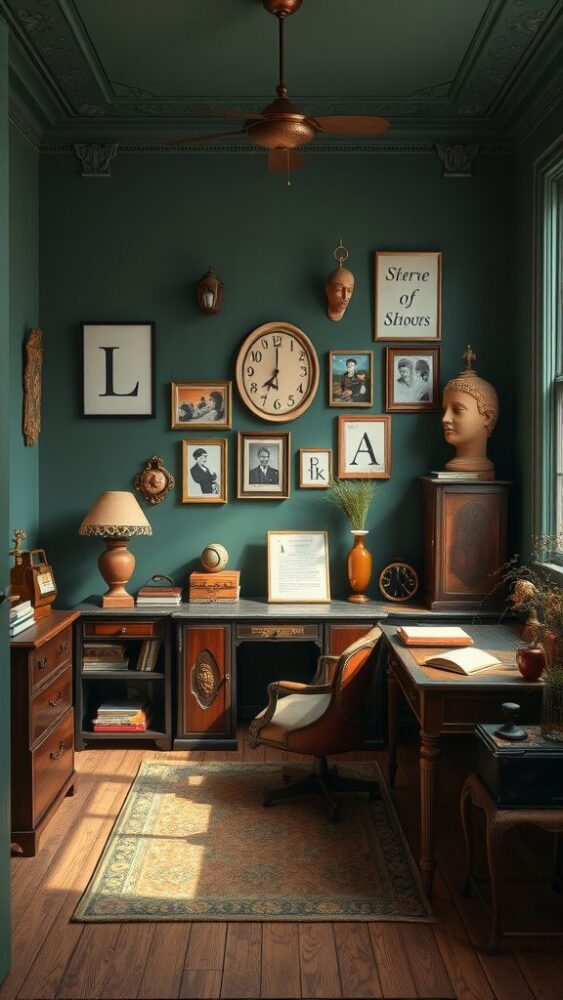 A vintage-style home office with dark green walls, antique furnishings, and a cozy atmosphere.