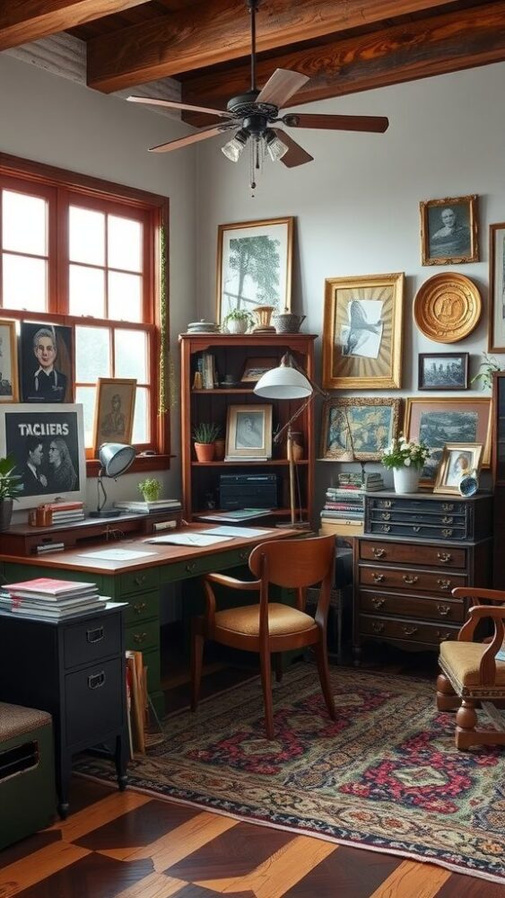 Vintage eclectic home office with green desk, framed art, and wooden furniture