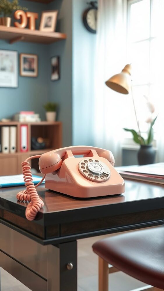 A vintage pink telephone on a desk with a stylish office setting in the background