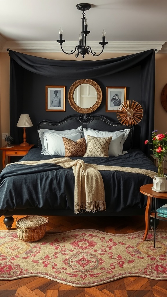 A cozy bedroom featuring a black bed with vintage decor elements like framed art, a round mirror, and a woven basket.