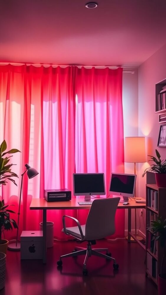 Home office with pink curtains, desk, and modern decor