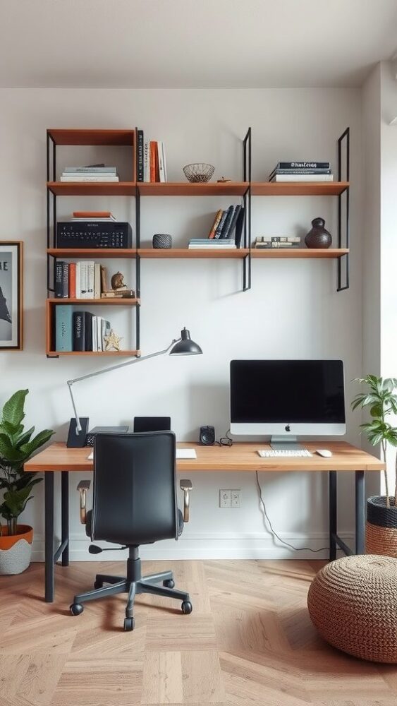 A modern home office setup with wall-mounted shelves, a wooden desk, and a black ergonomic chair.