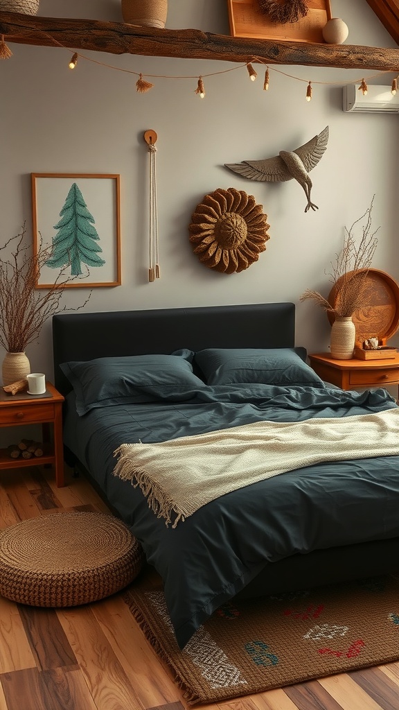 Cozy bedroom featuring a black bed, warm earthy tones, wooden accents, and natural decorations.