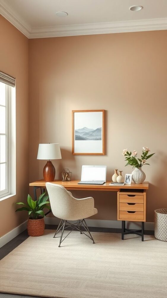 A home office featuring warm taupe walls, a wooden desk, and a cozy chair.