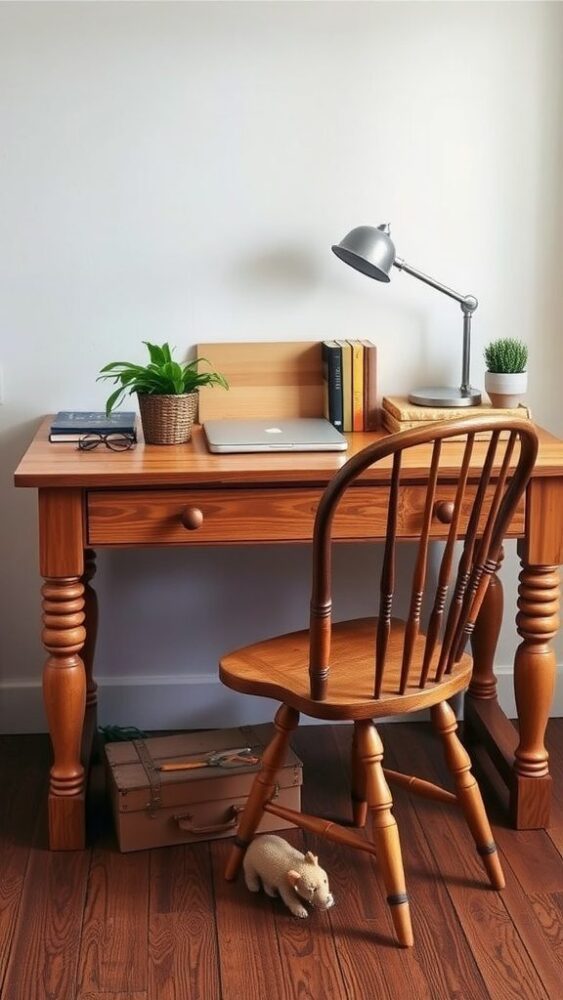 A rustic wooden desk with a laptop, books, and a plant in a cozy home office setting.