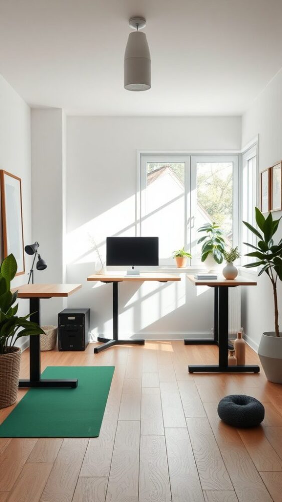 Wellness-focused home office with natural light, plants, and ergonomic furniture.