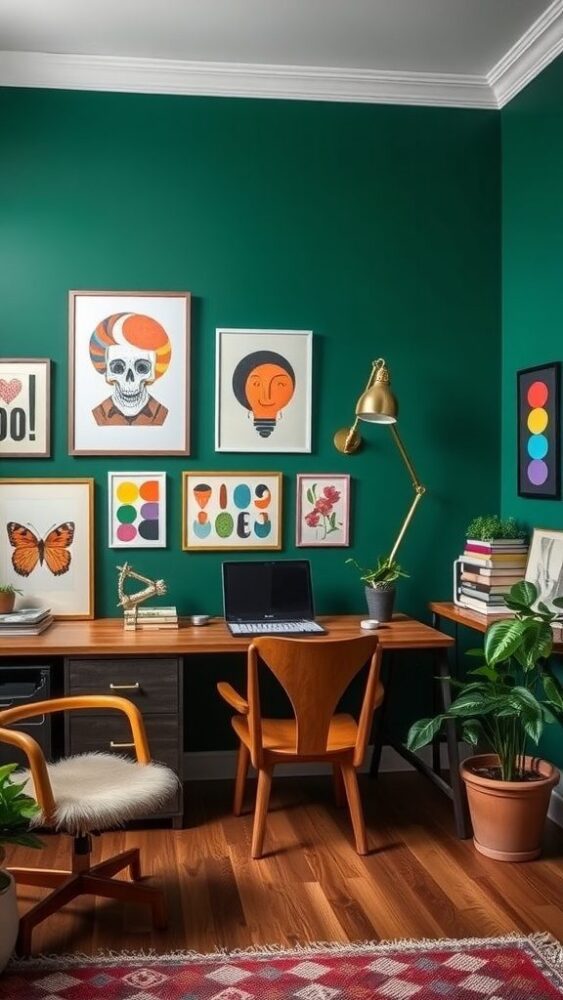 Home office with dark green walls and a whimsical art display featuring colorful framed artwork.