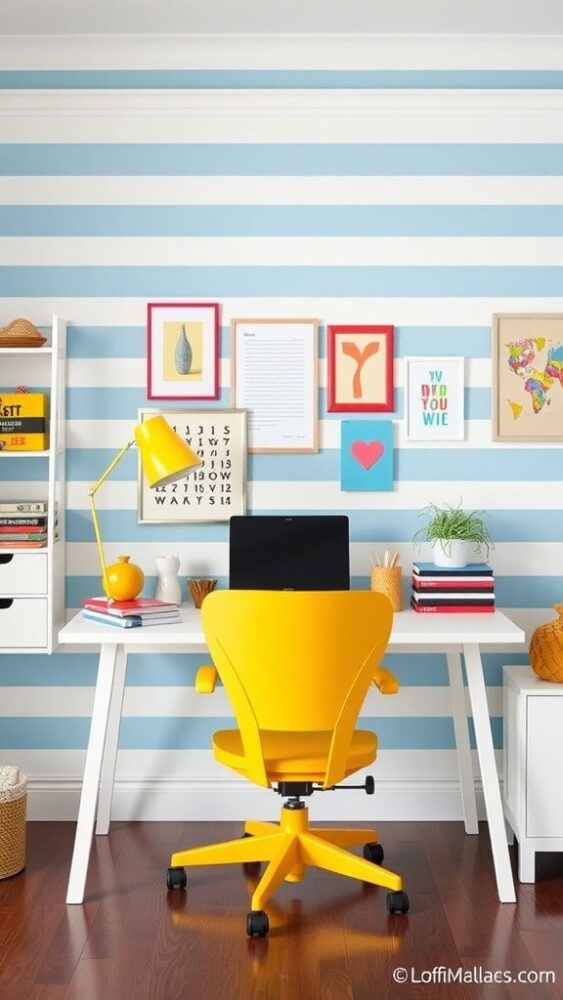 A bright home office with blue and white striped wallpaper, a white desk, a yellow chair, and colorful decor.