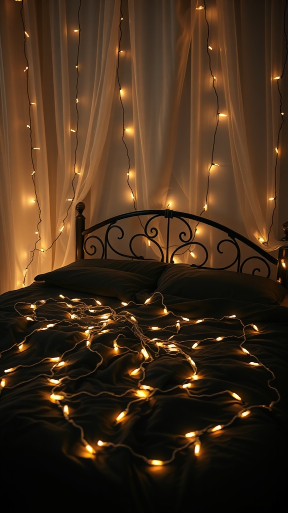 A cozy bedroom featuring a black bed with fairy lights scattered on the bedding and hanging from sheer curtains.