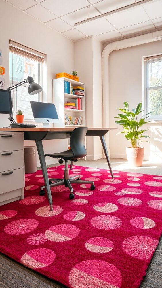 A bright pink area rug with circular patterns in an office setting, featuring a desk and a plant.