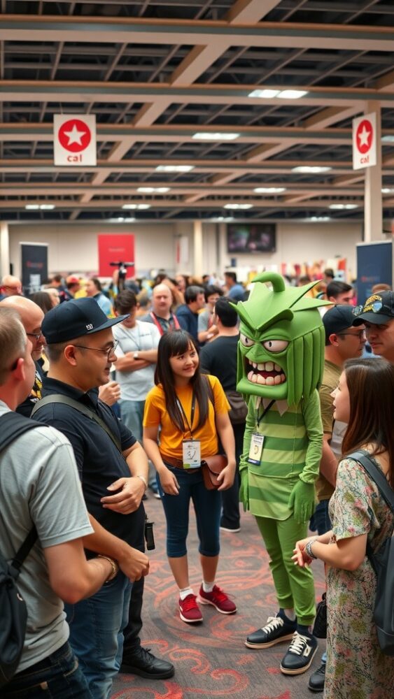 A lively convention scene with a crowd of people interacting, including someone dressed as a green, ugly cartoon character.