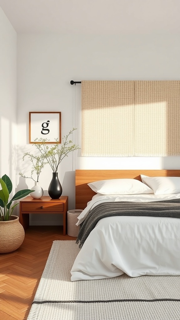 A minimalist bedroom with a wooden bed, white linens, and elegant decor.