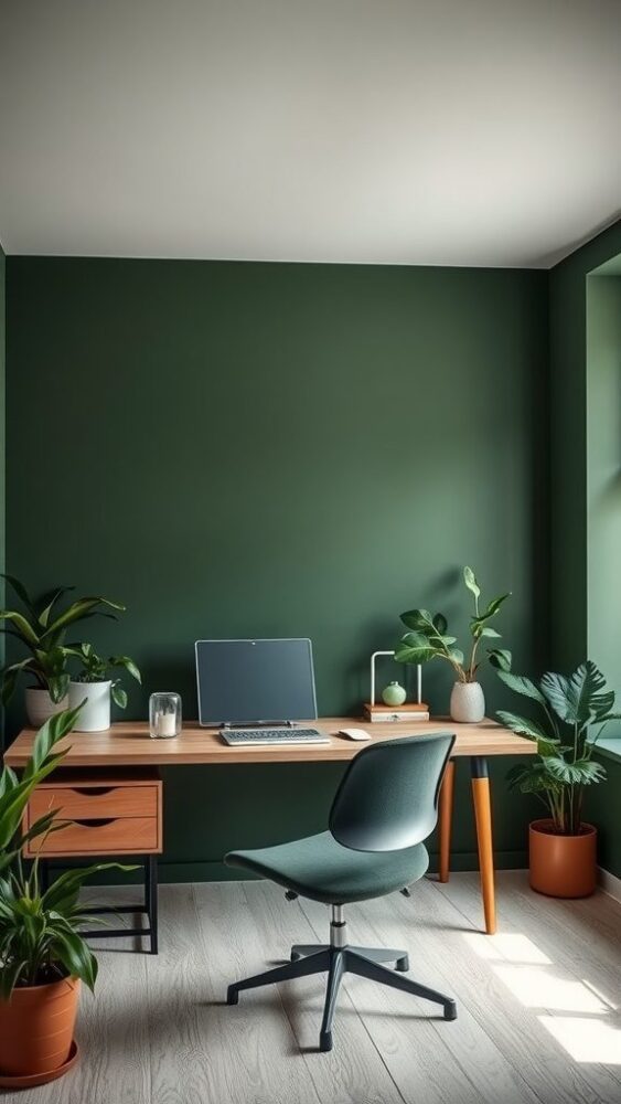 A serene home office with dark green walls, a wooden desk, a computer, and numerous potted plants.