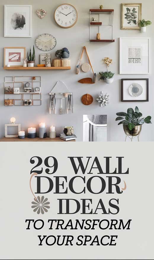 A beautifully curated wall filled with diverse decor elements, including framed artwork, clocks, shelves with small plants, candles, and decorative items. The arrangement combines textures and materials, creating a visually interesting display. The text reads, "29 Wall Decor Ideas to Transform Your Space," in an elegant, decorative font