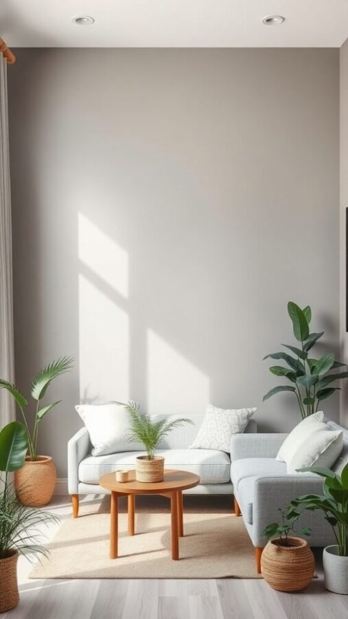 11 Chic Small Living Room Ideas in Neutral Tones 7 Small living room with a soft gray accent wall and light-colored furniture.