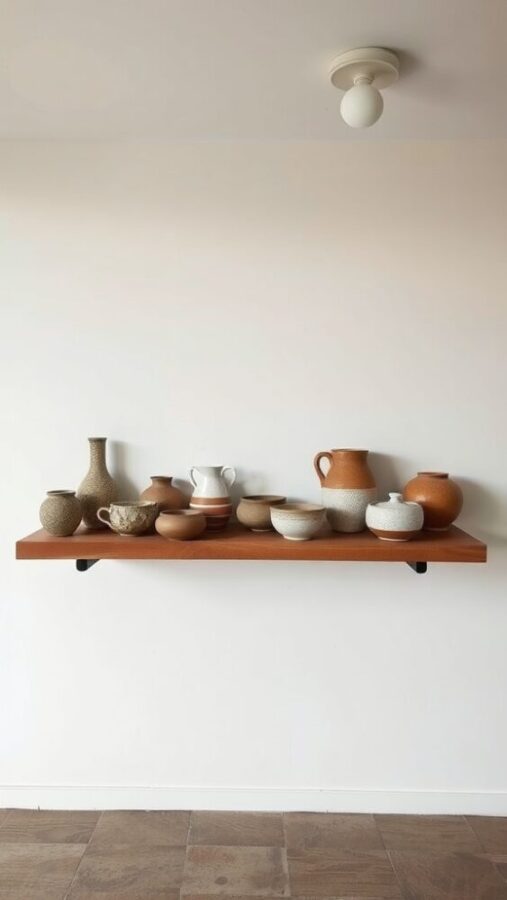 29 Elegant Wall Decor Ideas to Transform Your Space 20 A wooden shelf displaying a collection of artisan pottery including vases and bowls in various shapes and colors.