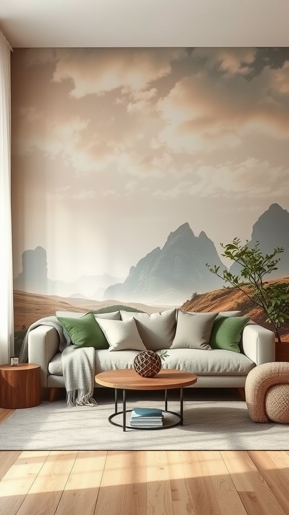 17 Stylish Small Apartment Living Room Ideas for 2025 7 A cozy living room featuring a mural of mountains and a cloudy sky, with a light sofa and wooden furniture.