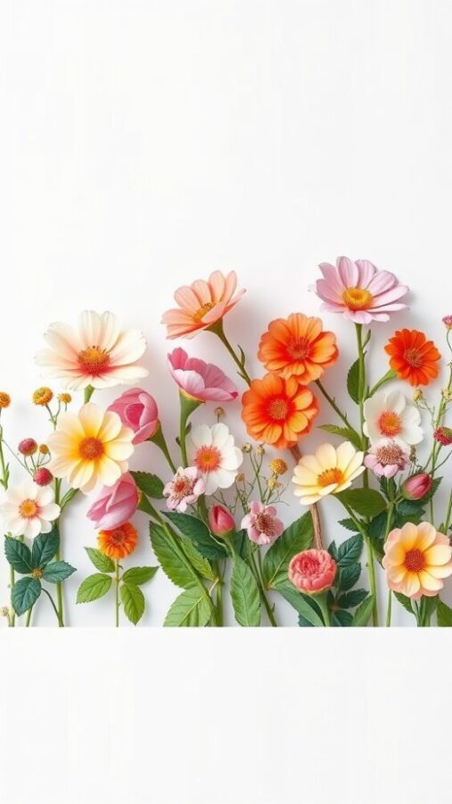 50 Stunning Aesthetic Wallpapers for Your iPhone 13 Colorful flowers arranged in a line on a white background