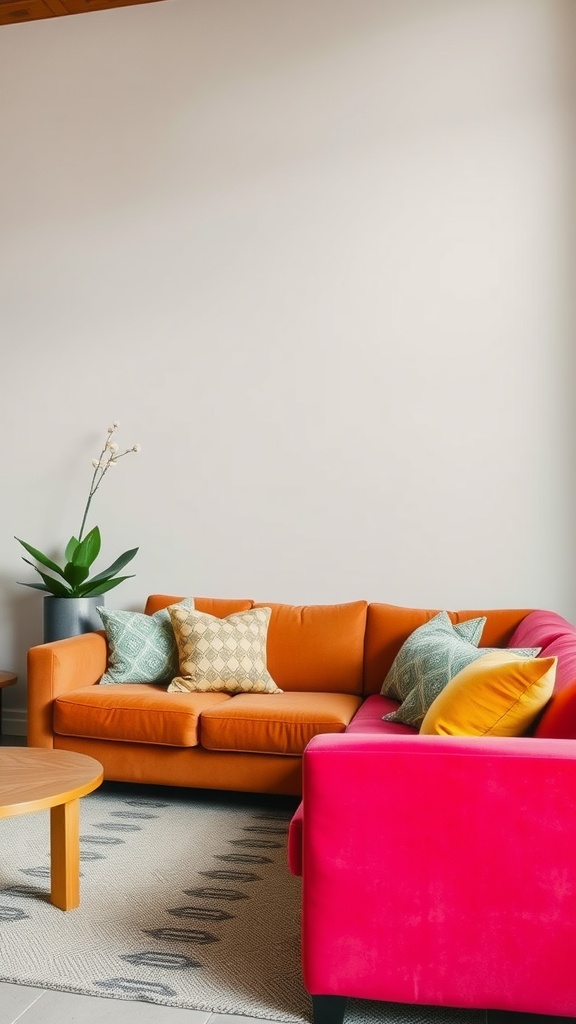 17 Stylish Small Apartment Living Room Ideas for 2025 5 A cozy living room featuring bold color accents with an orange sofa and pink chair