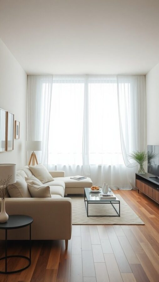 11 Chic Small Living Room Ideas in Neutral Tones 8 A bright and airy small living room with white accents, featuring light curtains, a light couch, a dark coffee table, and potted plants.
