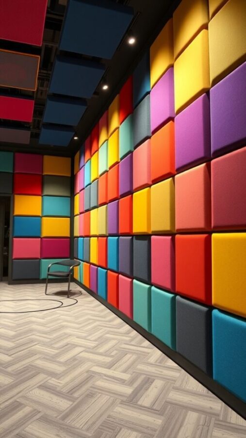 29 Elegant Wall Decor Ideas to Transform Your Space 23 Colorful acoustic panels mounted on a wall with a wooden floor and a chair.