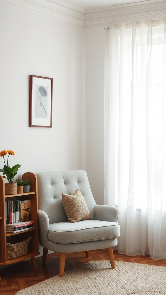17 Stylish Small Apartment Living Room Ideas for 2025 9 A compact reading nook featuring a light blue armchair, a bookshelf filled with books, and a small plant, all illuminated by natural light from a window.